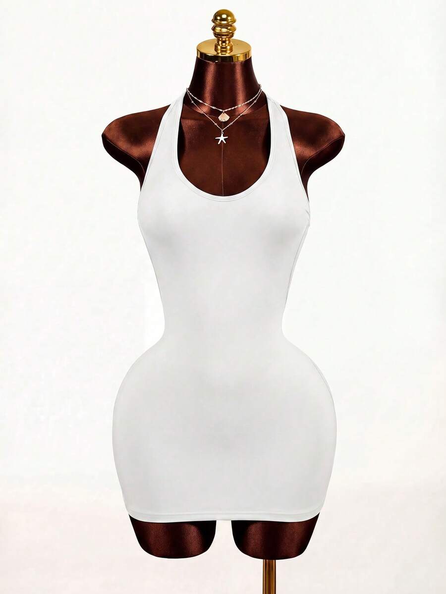 Sleeveless black backless bodycon mini dress with a scoop neck and slim fit knit fabric for women