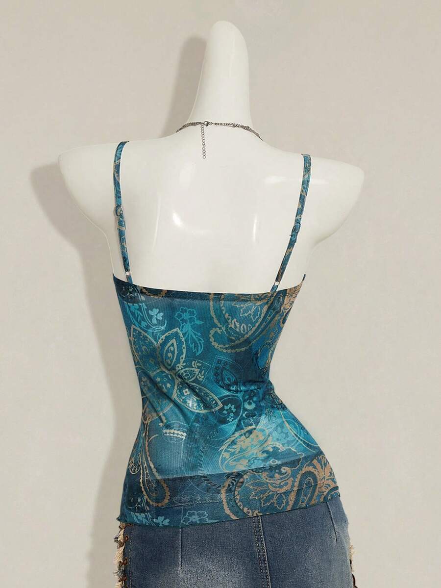 Burgundy paisley print ruched cami top for women featuring thin spaghetti straps, asymmetrical lace-up detail, and a slim fit.