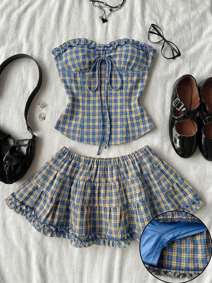 Black plain pleated frill trim low waist cotton skort for women
