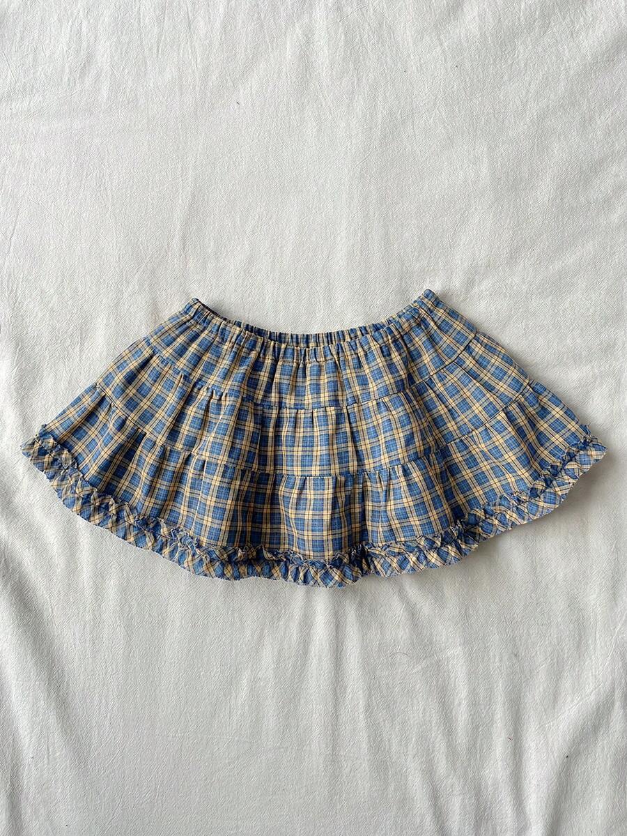 Black plain pleated frill trim low waist cotton skort for women