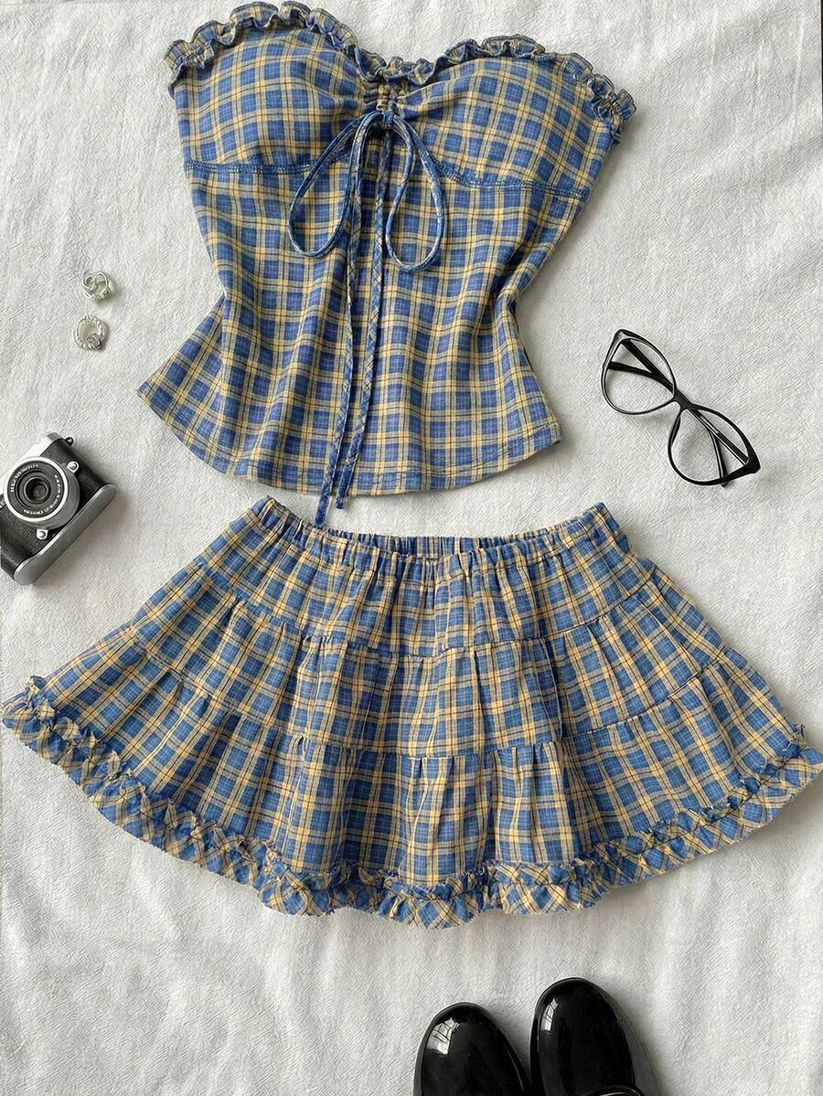 Black plain pleated frill trim low waist cotton skort for women