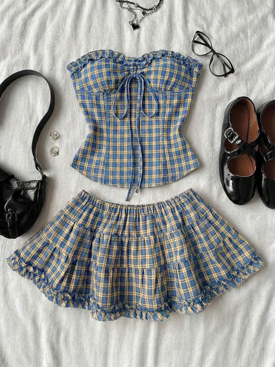 Black plain pleated frill trim low waist cotton skort for women