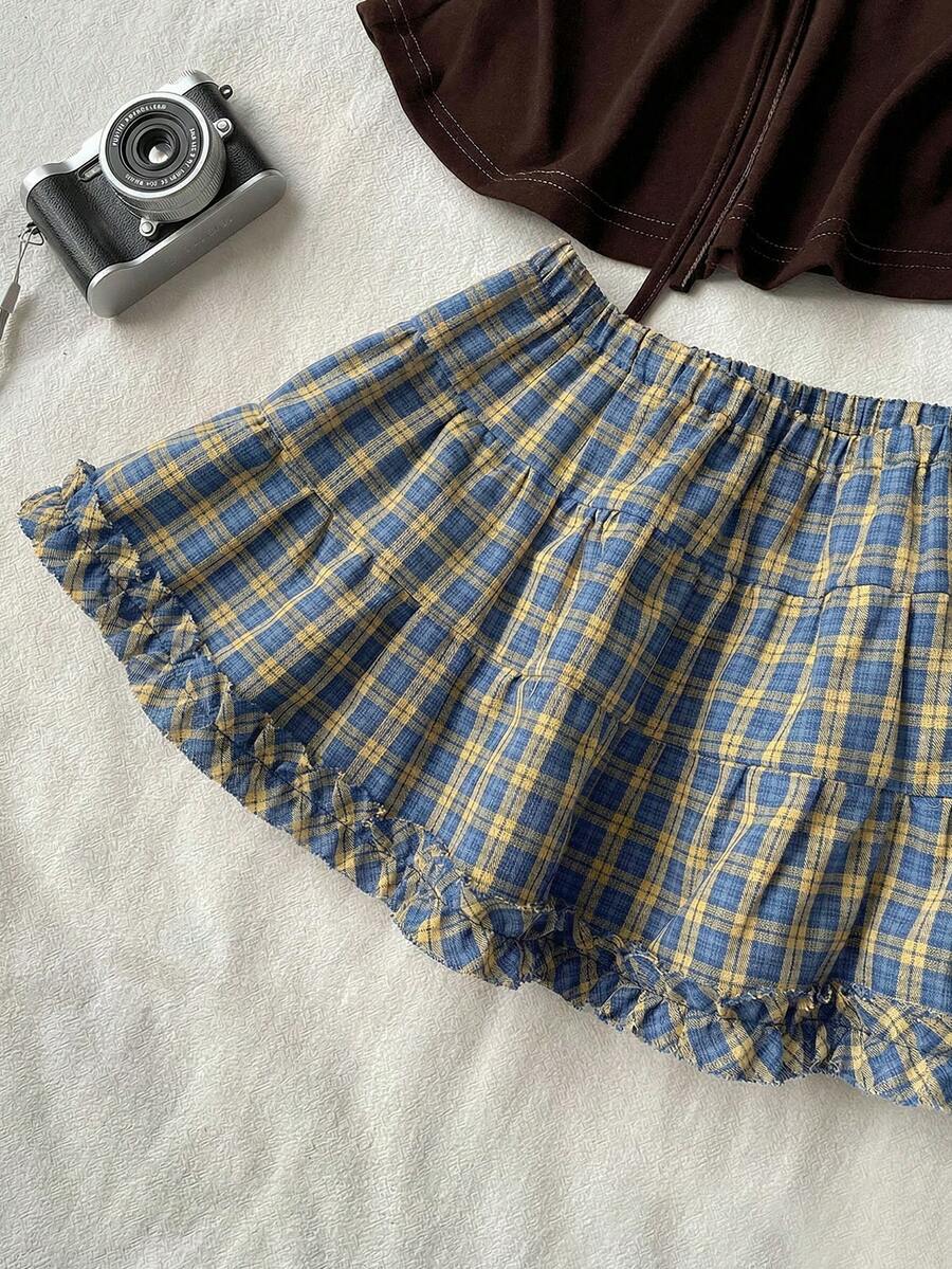 Black plain pleated frill trim low waist cotton skort for women