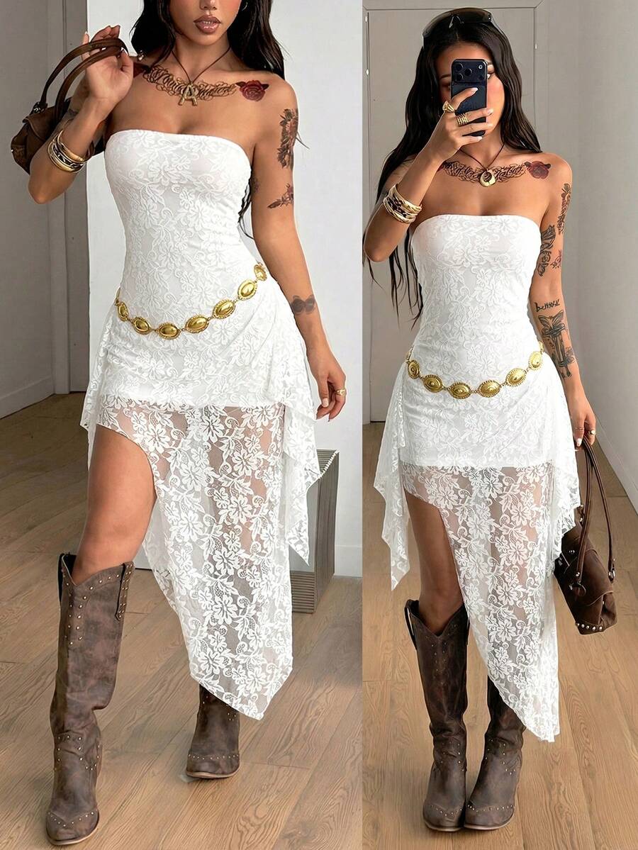 Black strapless lace asymmetrical long dress for women featuring ruched detailing, a split thigh, and a slim fit bodycon silhouette.