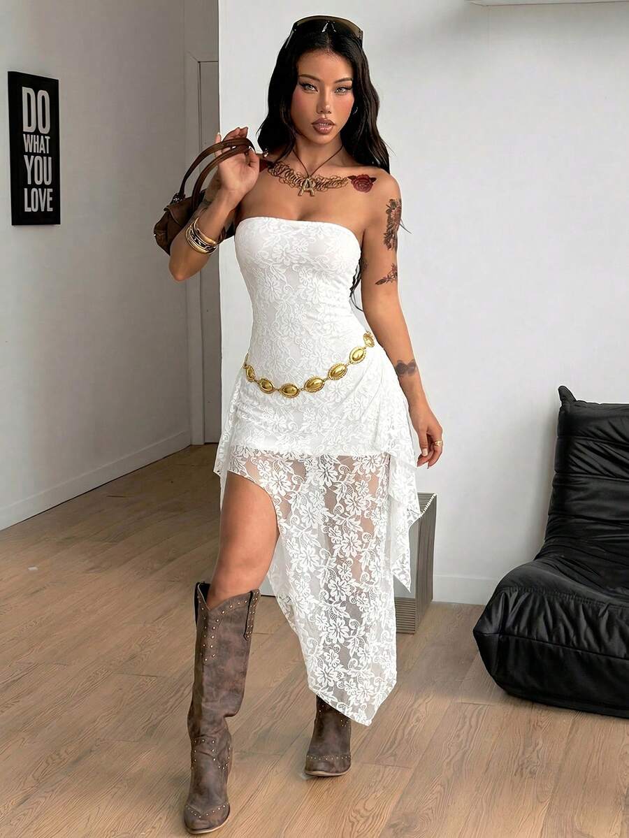 Black strapless lace asymmetrical long dress for women featuring ruched detailing, a split thigh, and a slim fit bodycon silhouette.