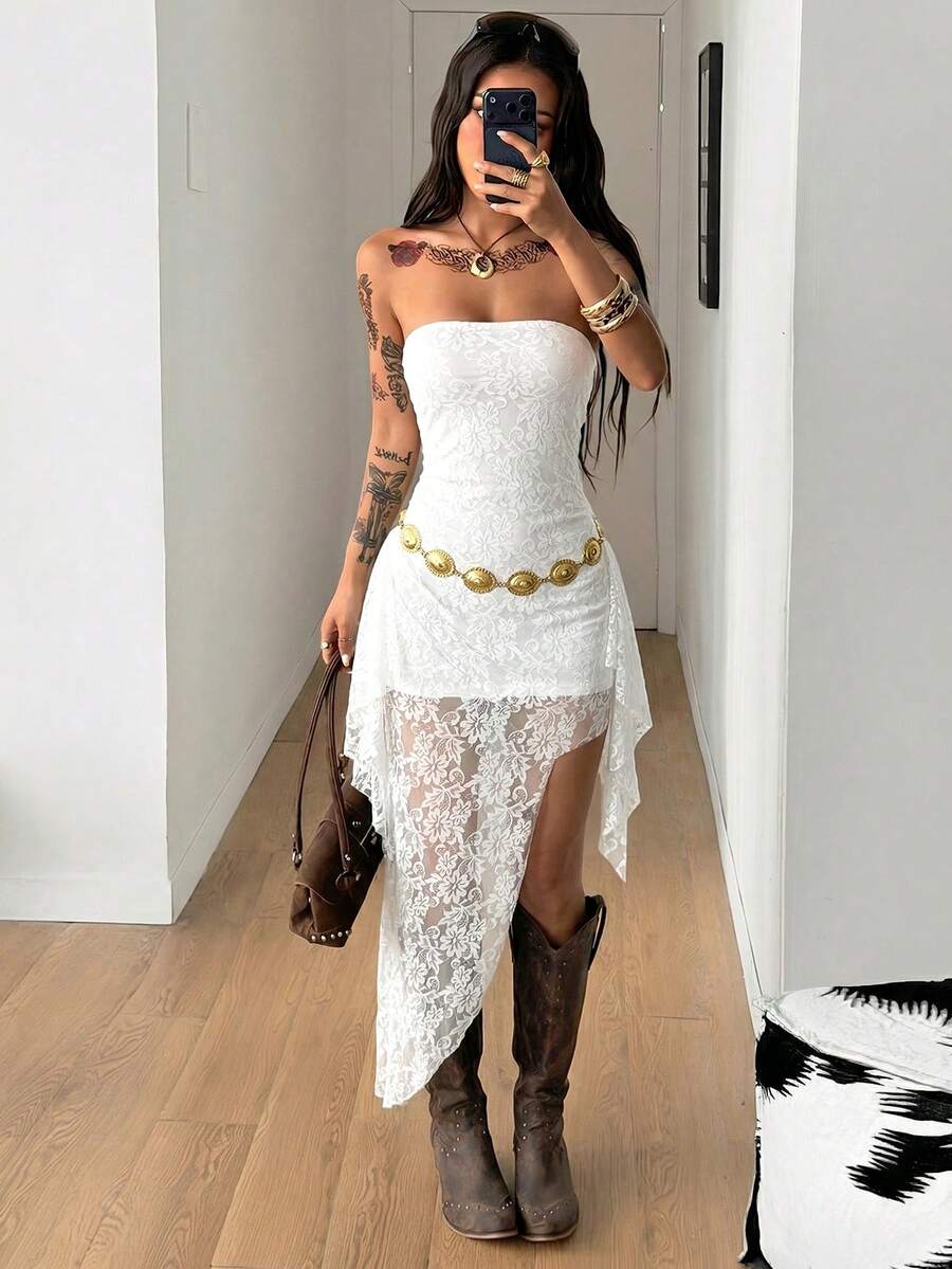 Black strapless lace asymmetrical long dress for women featuring ruched detailing, a split thigh, and a slim fit bodycon silhouette.