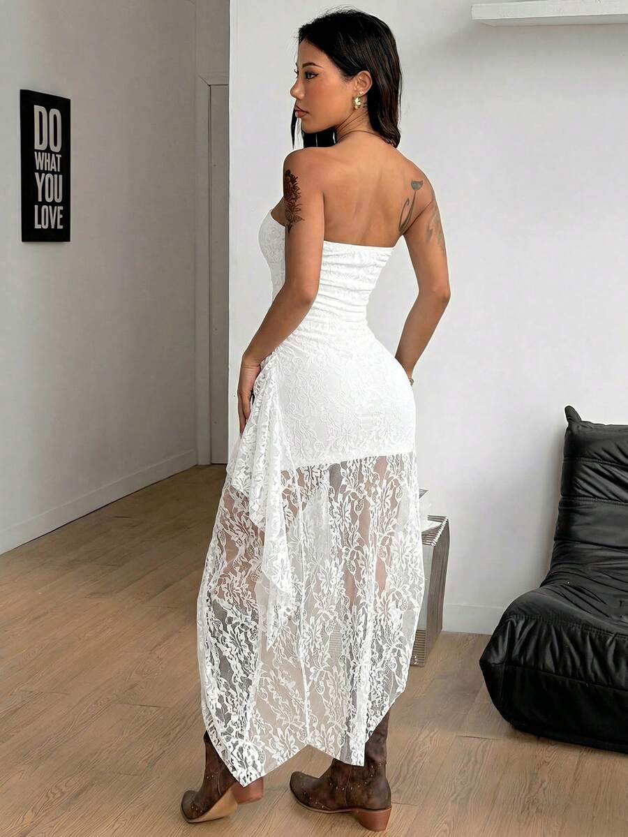 Black strapless lace asymmetrical long dress for women featuring ruched detailing, a split thigh, and a slim fit bodycon silhouette.