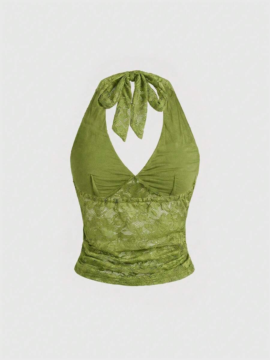 Black gothic halter lace cami crop top featuring ruched details and backless design for women