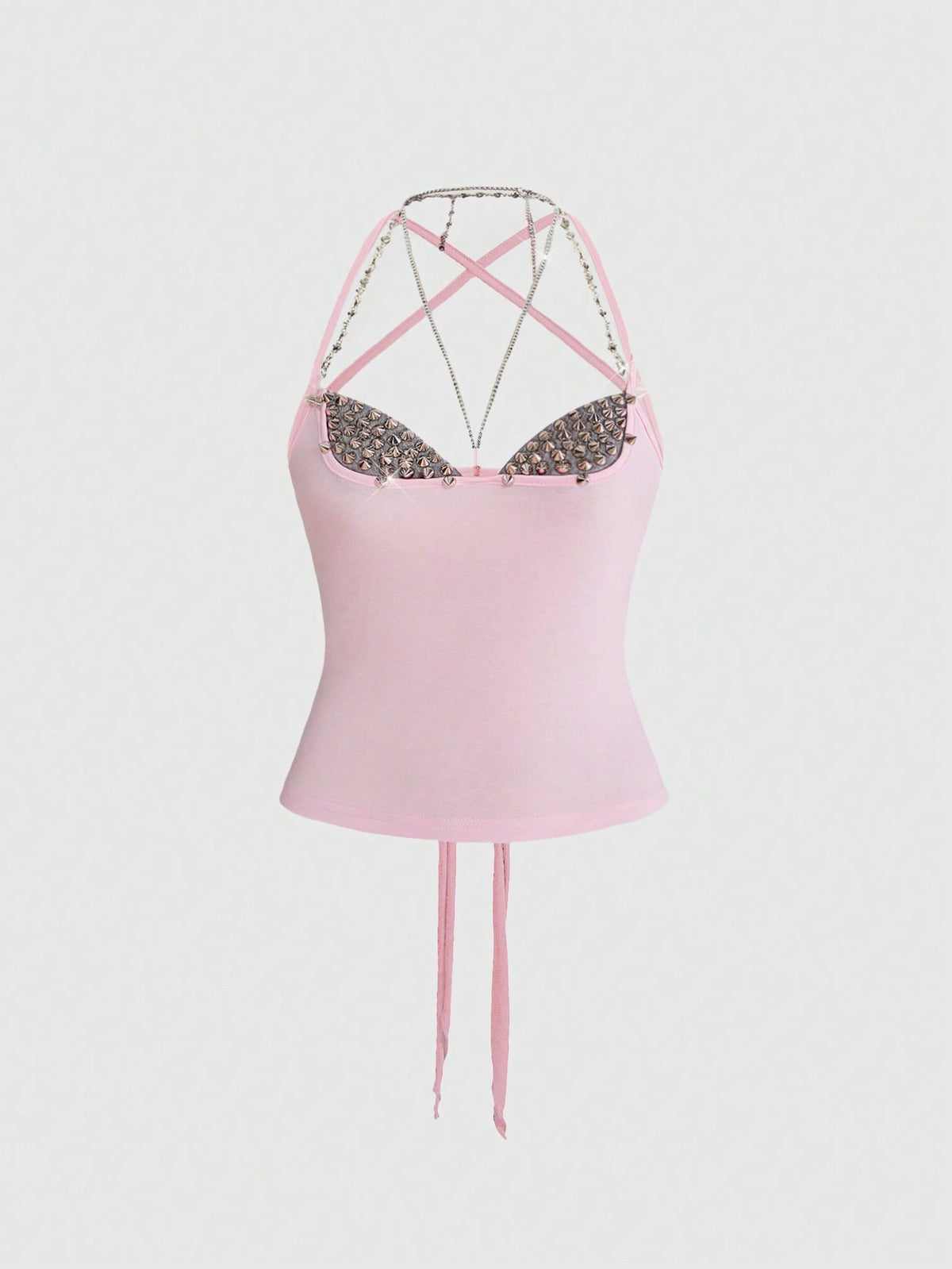 Women's black halter backless crop top with criss cross knot design and spaghetti straps.