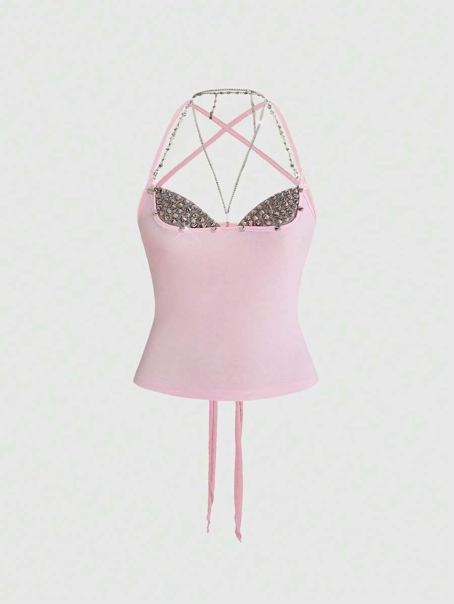 Women's black halter backless crop top with criss cross knot design and spaghetti straps.