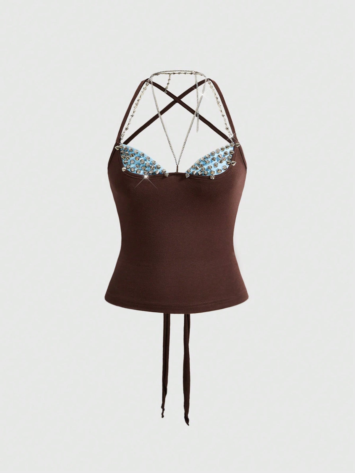 Women's black halter backless crop top with criss cross knot design and spaghetti straps.