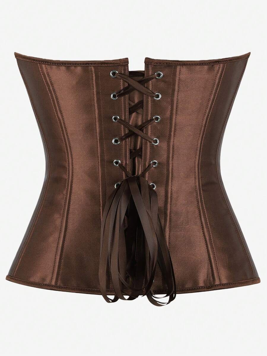 Black overbust corset top bustier with 11 steel bones, side zipper, and grommet eyelet detailing for waist shaping.