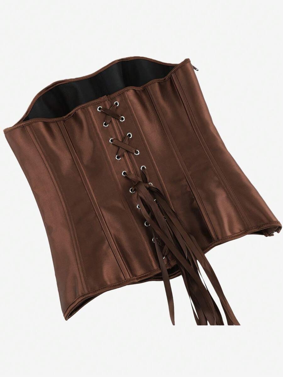 Black overbust corset top bustier with 11 steel bones, side zipper, and grommet eyelet detailing for waist shaping.