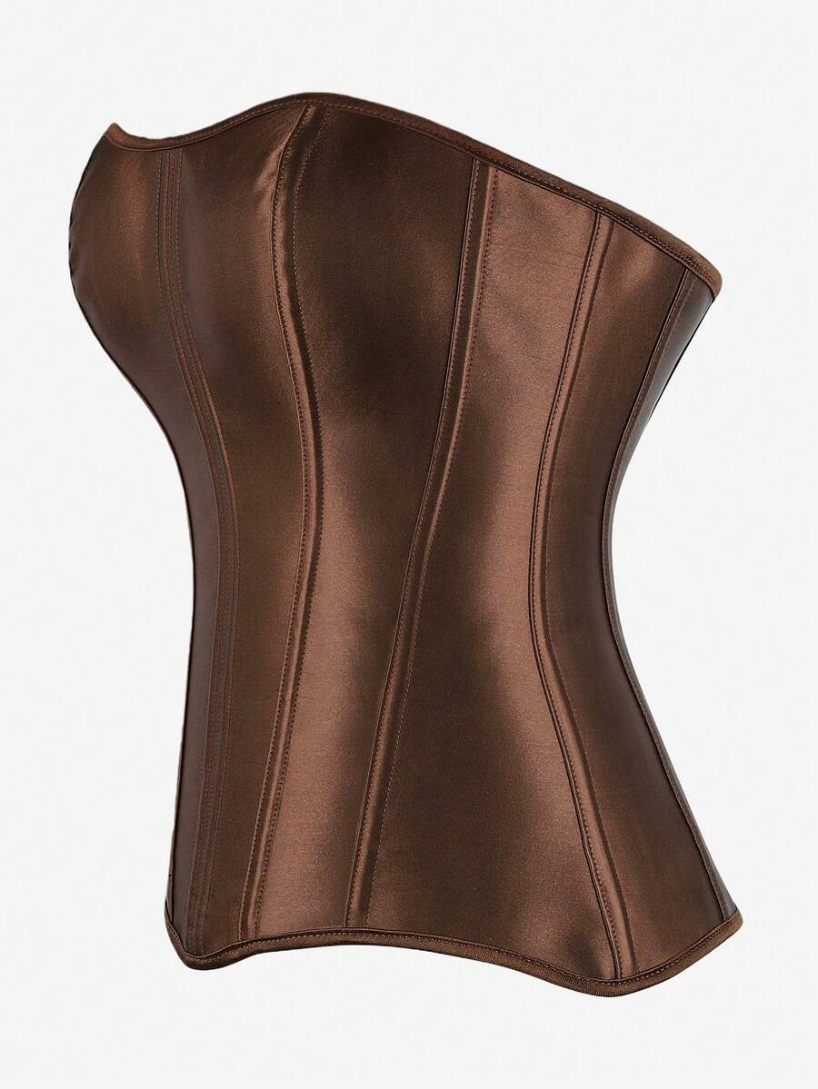 Black overbust corset top bustier with 11 steel bones, side zipper, and grommet eyelet detailing for waist shaping.