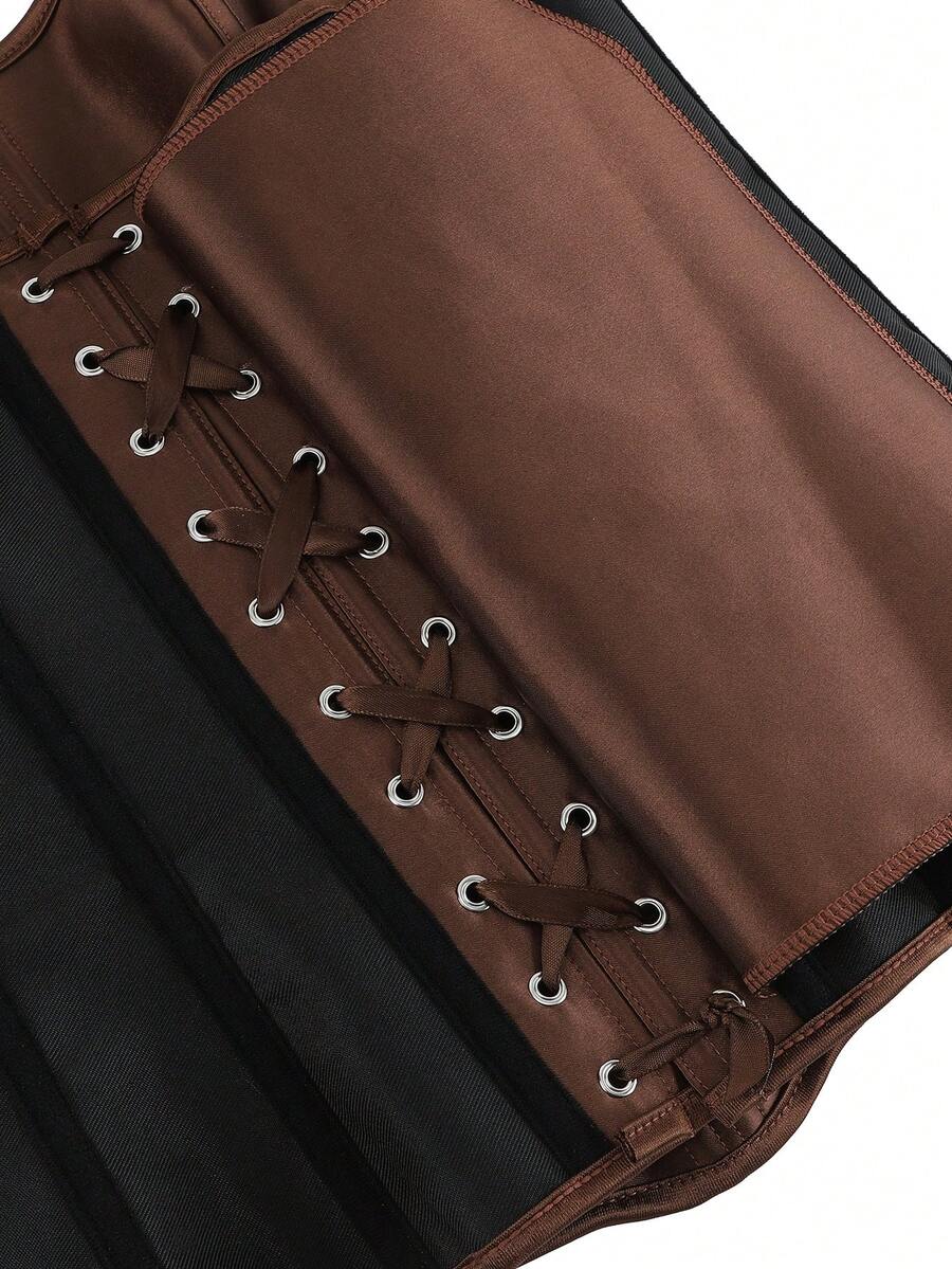 Black overbust corset top bustier with 11 steel bones, side zipper, and grommet eyelet detailing for waist shaping.