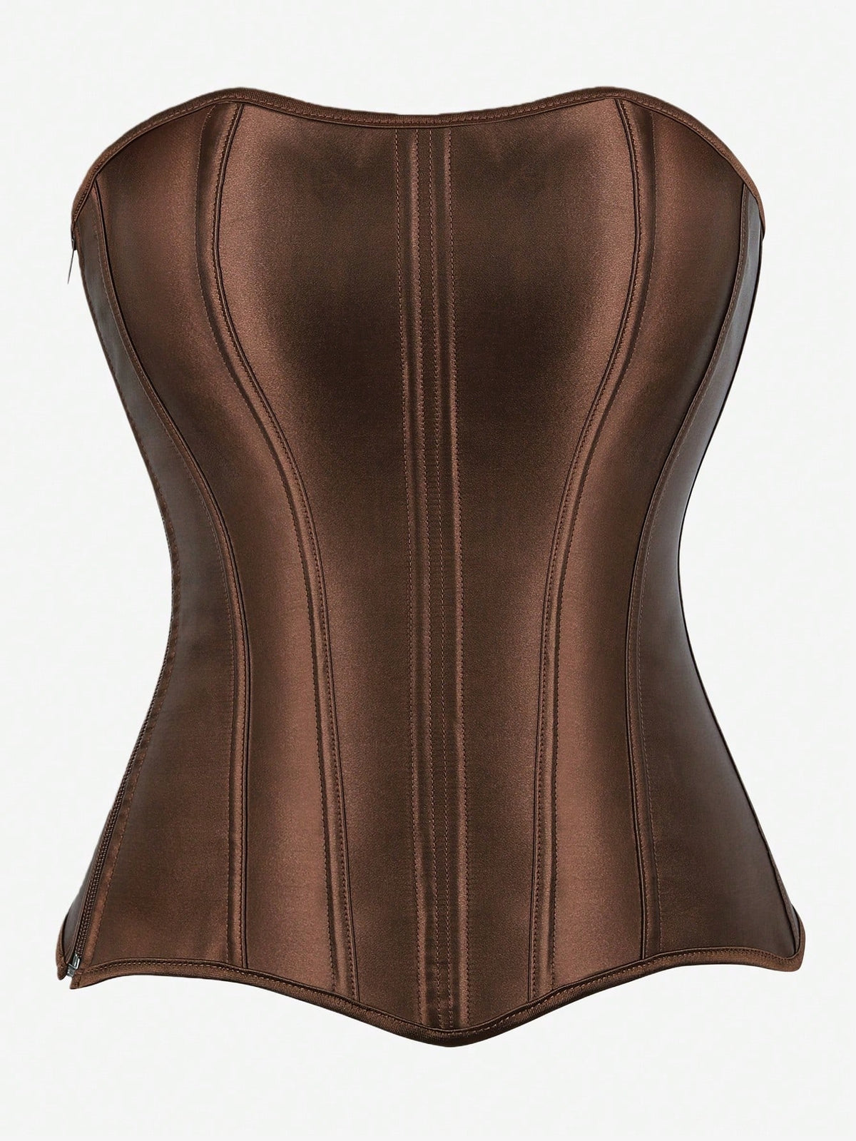 Black overbust corset top bustier with 11 steel bones, side zipper, and grommet eyelet detailing for waist shaping.