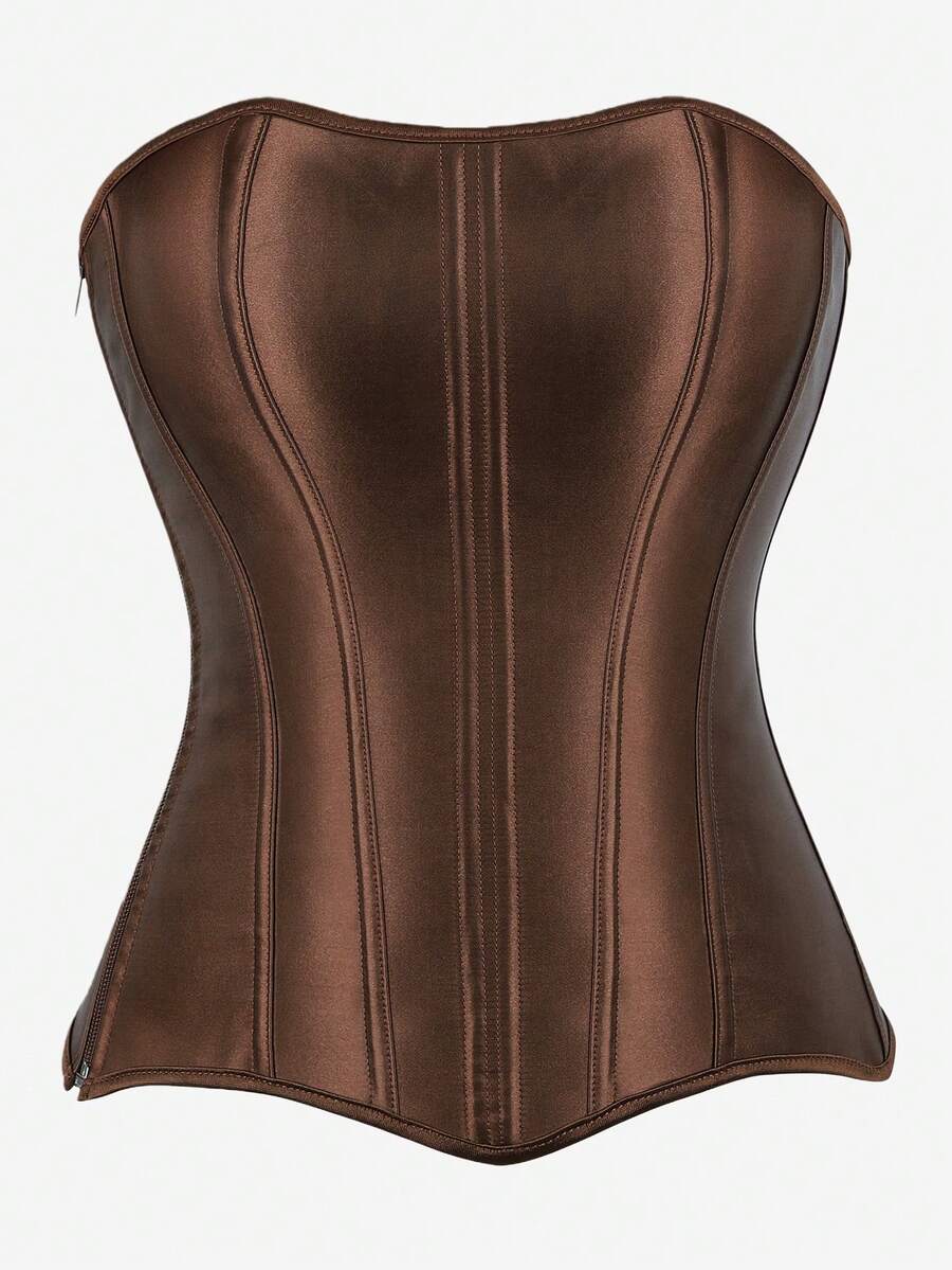 Black overbust corset top bustier with 11 steel bones, side zipper, and grommet eyelet detailing for waist shaping.