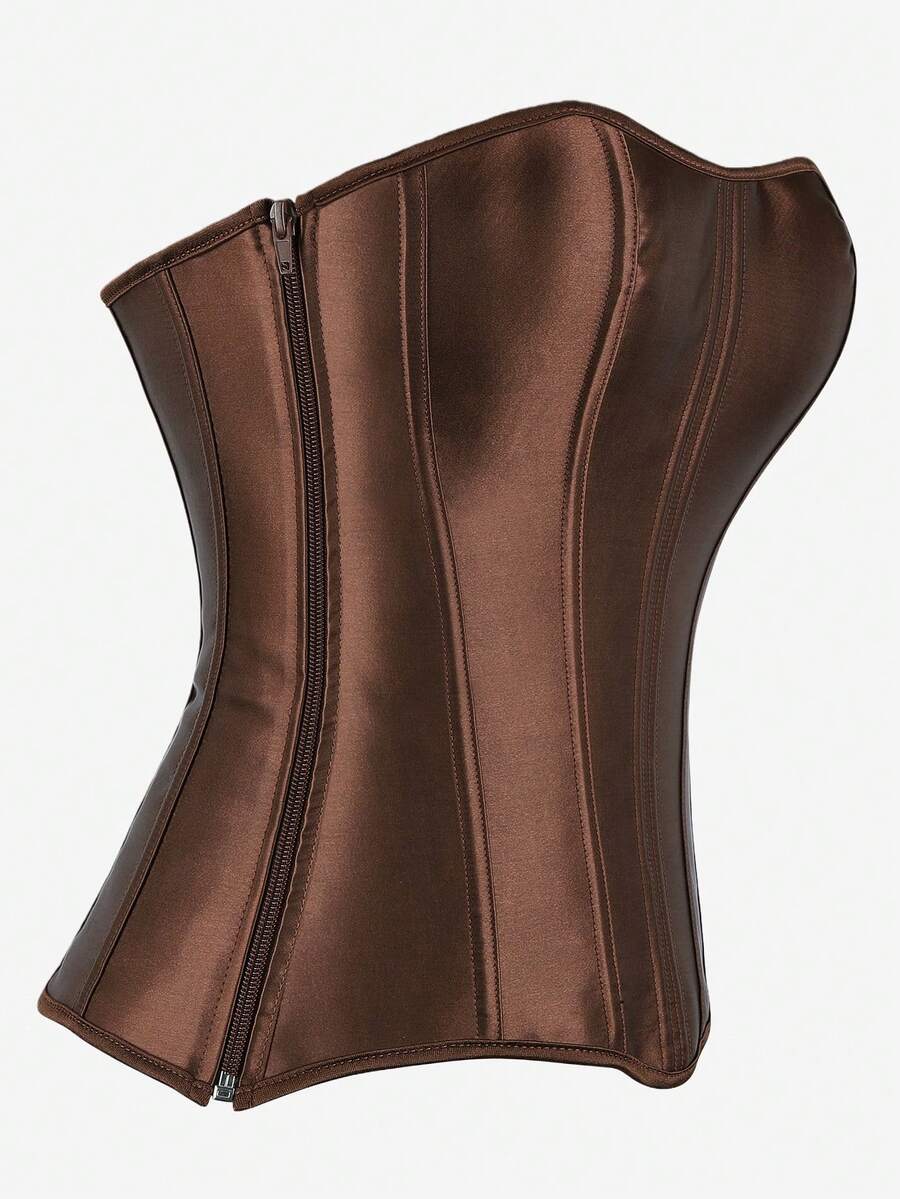 Black overbust corset top bustier with 11 steel bones, side zipper, and grommet eyelet detailing for waist shaping.