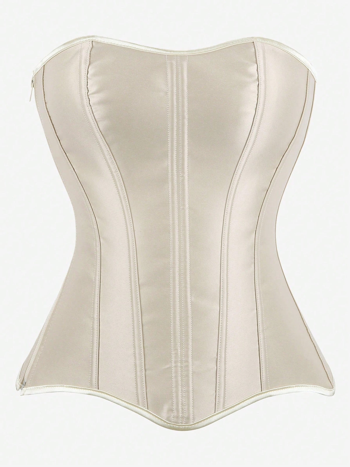 Black overbust corset top bustier with 11 steel bones, side zipper, and grommet eyelet detailing for waist shaping.