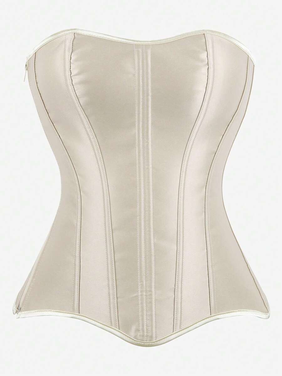 Black overbust corset top bustier with 11 steel bones, side zipper, and grommet eyelet detailing for waist shaping.