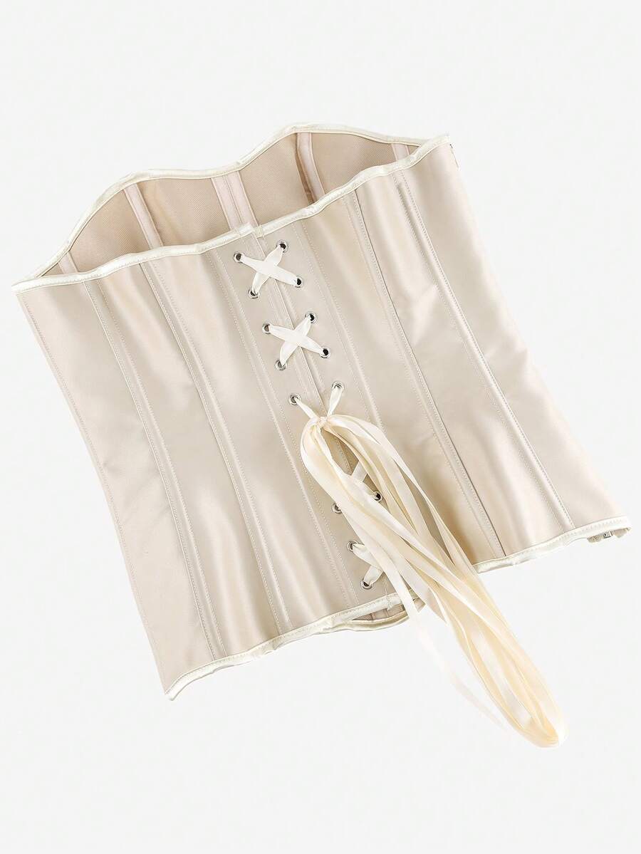 Black overbust corset top bustier with 11 steel bones, side zipper, and grommet eyelet detailing for waist shaping.
