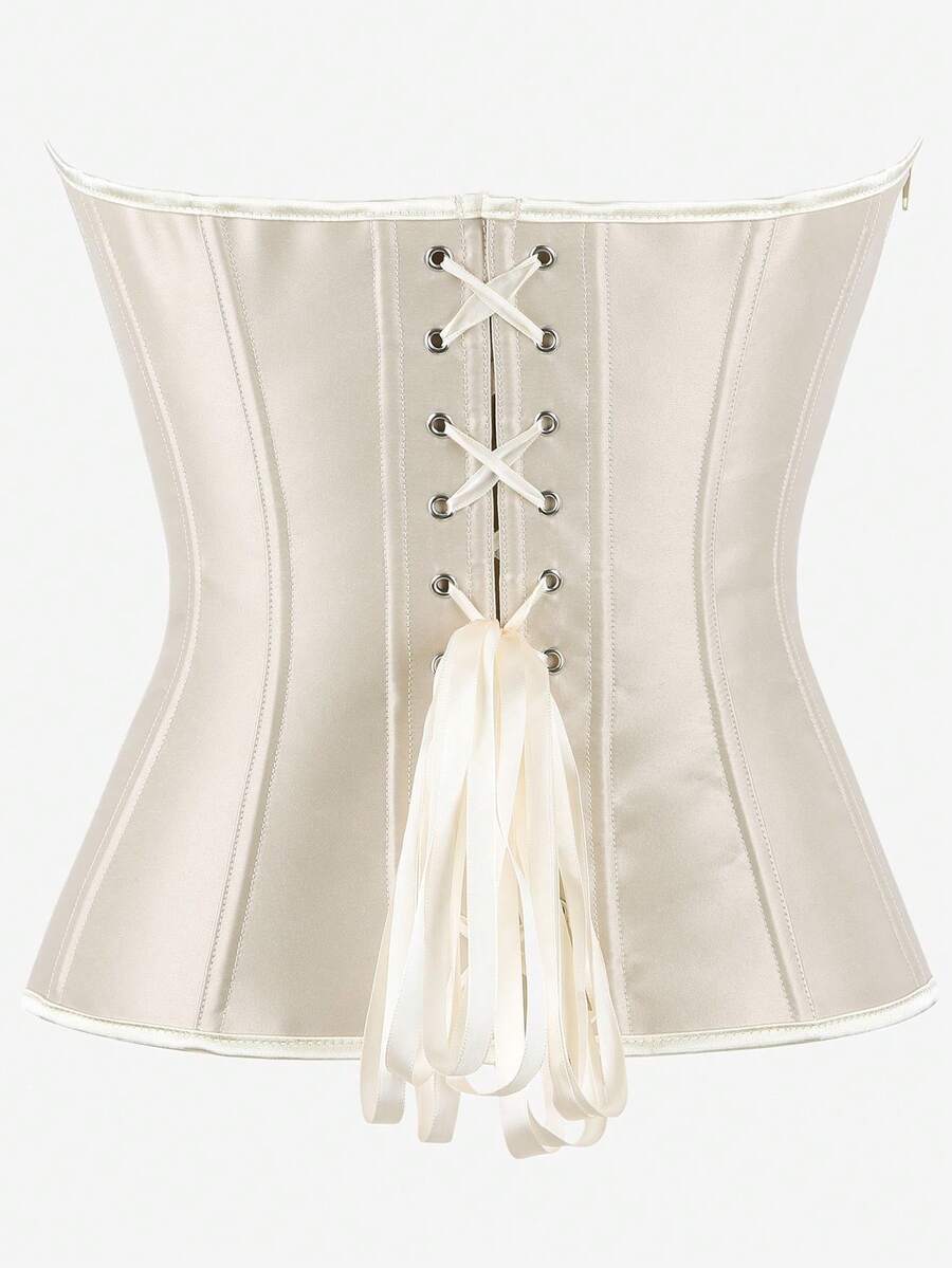 Black overbust corset top bustier with 11 steel bones, side zipper, and grommet eyelet detailing for waist shaping.