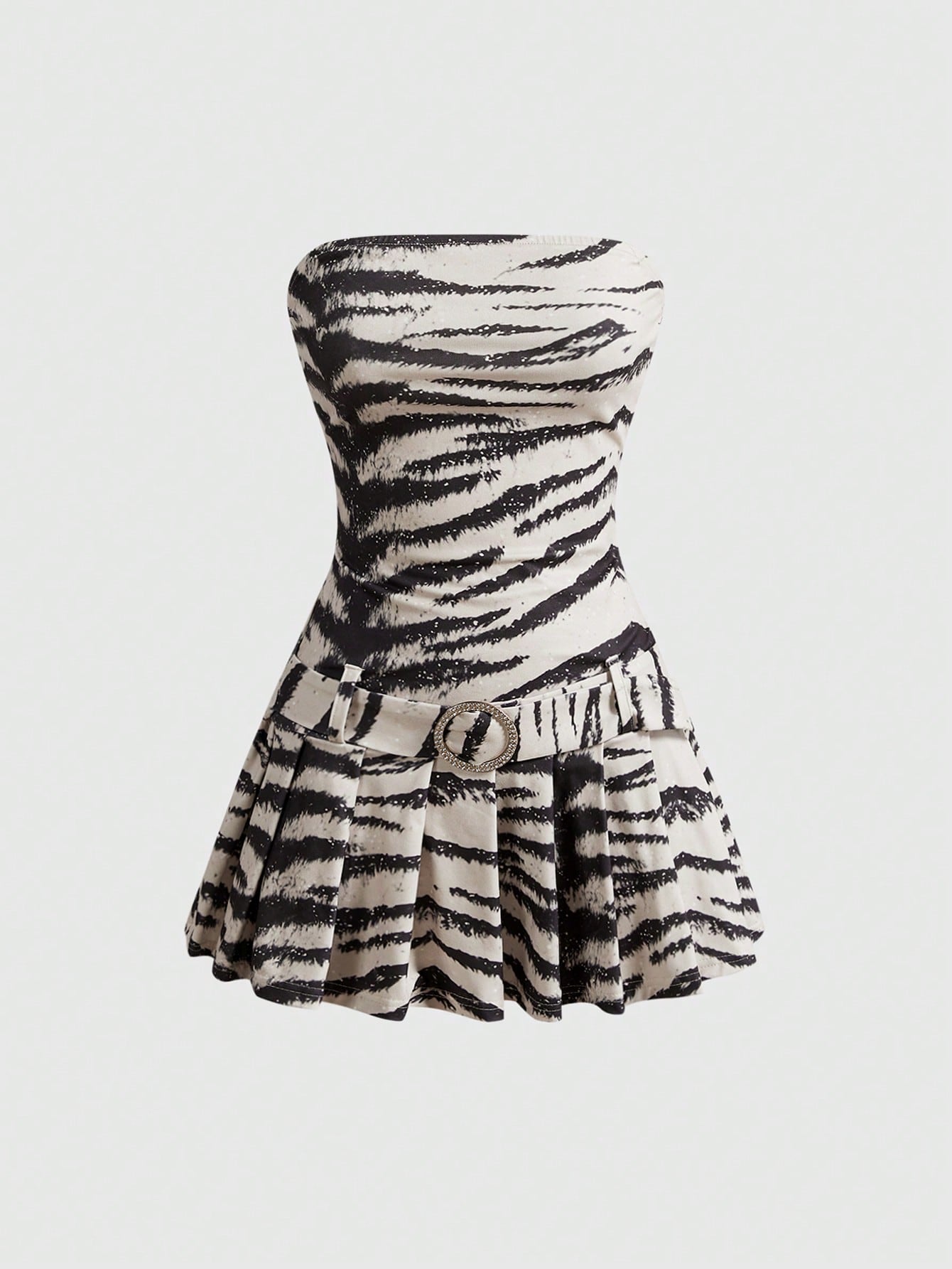 Multicolor zebra print cami mini dress for women with spaghetti straps, ruched detailing, and flared hem.