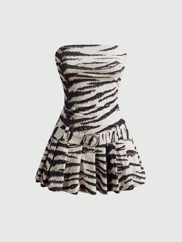 Multicolor zebra print cami mini dress for women with spaghetti straps, ruched detailing, and flared hem.