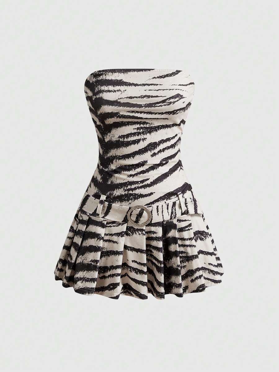 Multicolor zebra print cami mini dress for women with spaghetti straps, ruched detailing, and flared hem.
