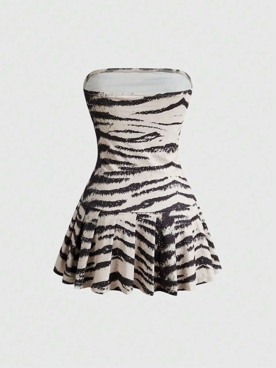 Multicolor zebra print cami mini dress for women with spaghetti straps, ruched detailing, and flared hem.