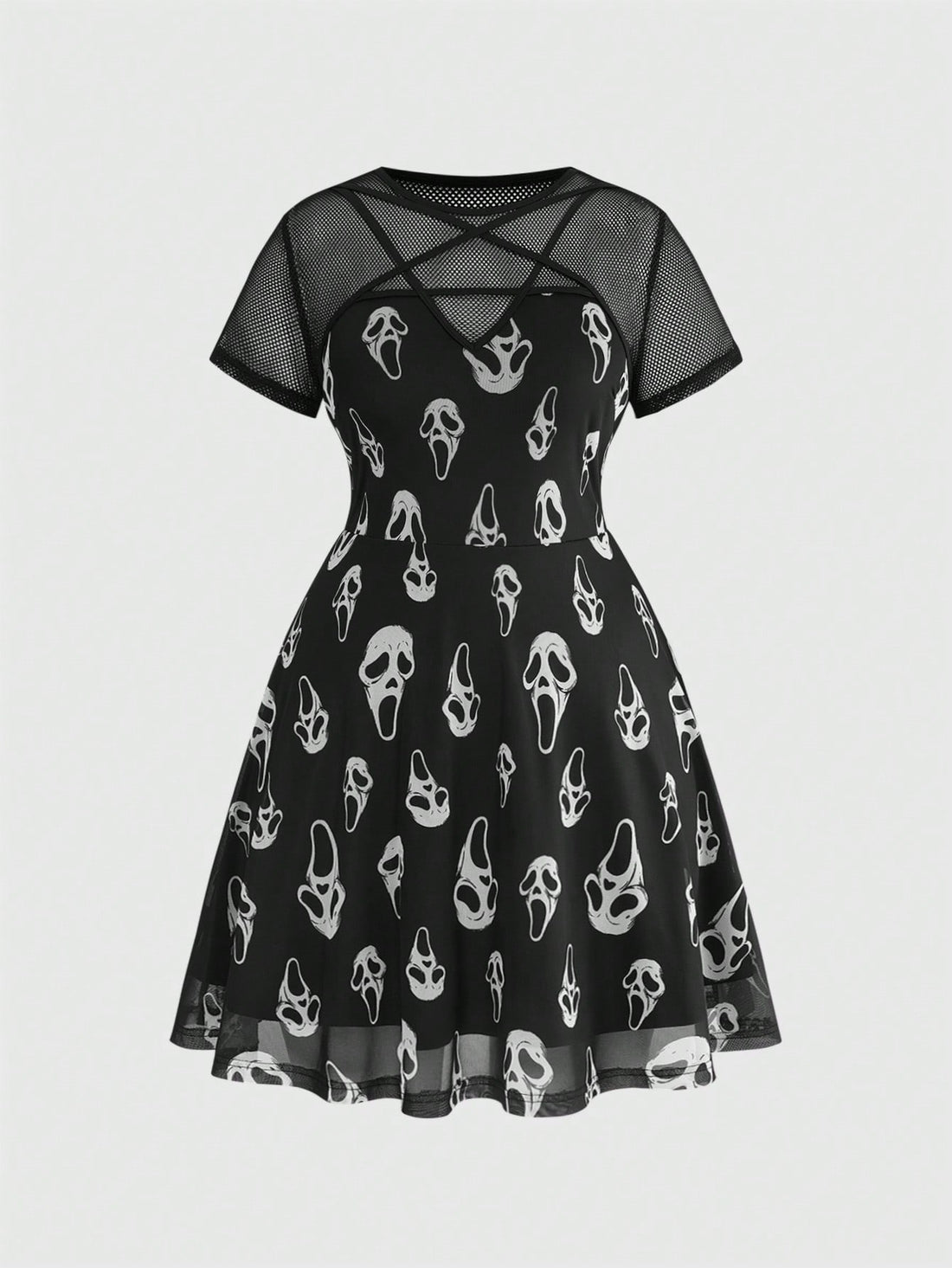 Black and white women's short mesh mini dress featuring a goth skull and ghost face print, five-point star design, round neckline, high waist, and criss cross detail.