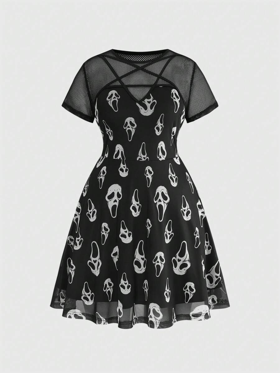 Black and white women's short mesh mini dress featuring a goth skull and ghost face print, five-point star design, round neckline, high waist, and criss cross detail.