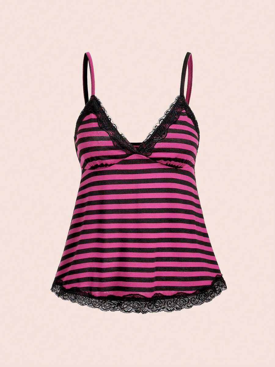 Red and white striped camisole top featuring contrast white scallop lace trim along the neckline and slim fit spaghetti straps.