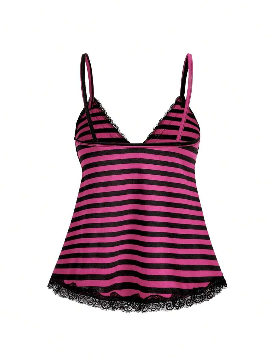 Red and white striped camisole top featuring contrast white scallop lace trim along the neckline and slim fit spaghetti straps.