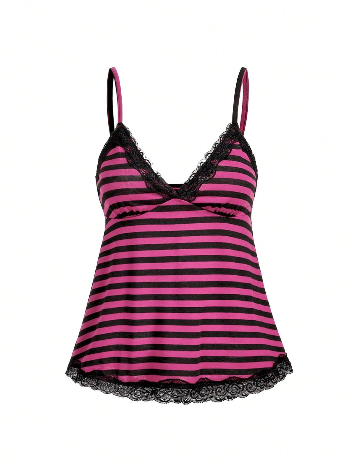 Red and white striped camisole top featuring contrast white scallop lace trim along the neckline and slim fit spaghetti straps.