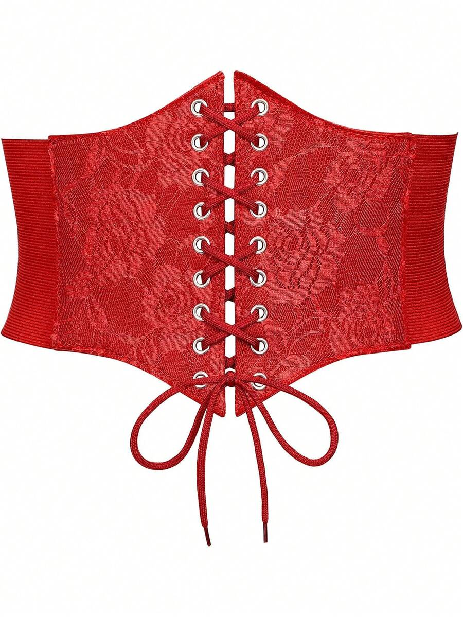 Black lace-up waist cincher with grommet eyelets, baroque pattern, medium stretch, and wide belt design for women.