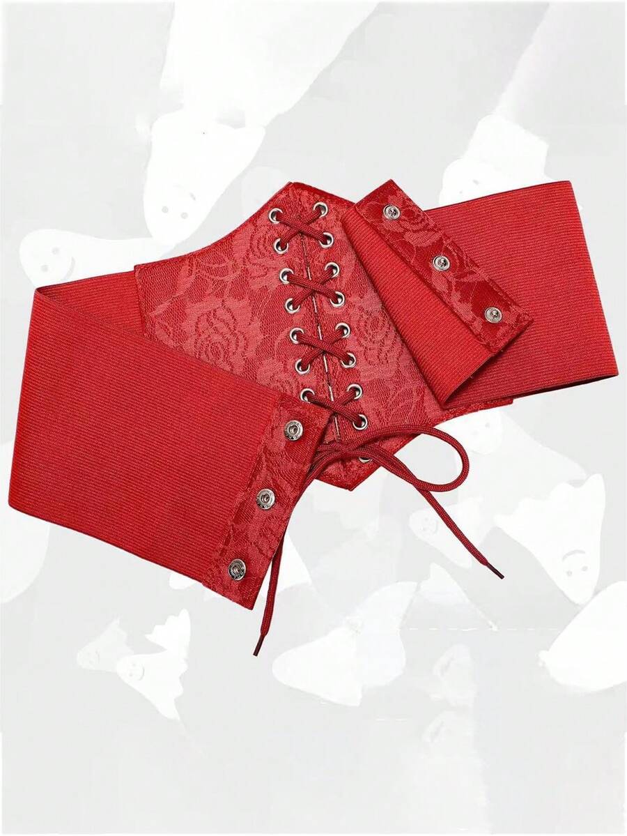 Black lace-up waist cincher with grommet eyelets, baroque pattern, medium stretch, and wide belt design for women.