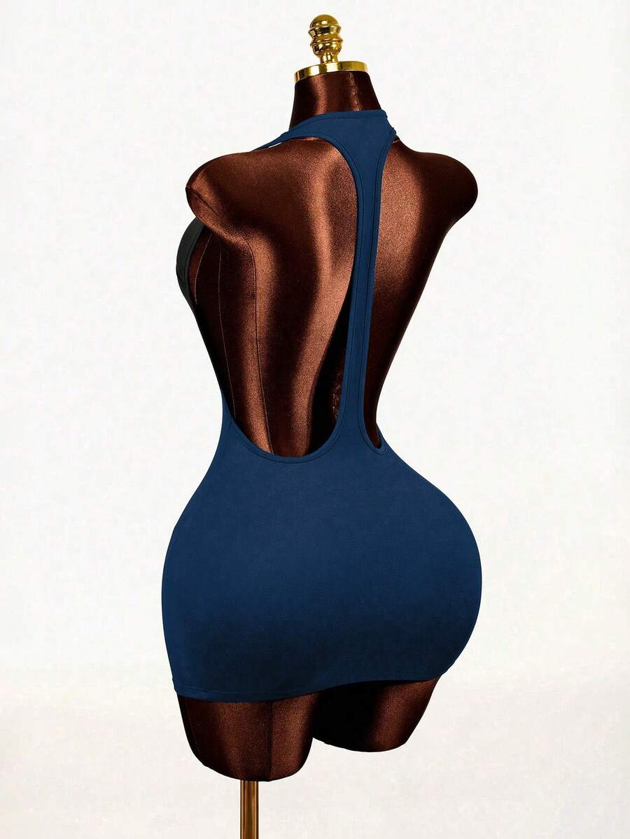 Sleeveless black backless bodycon mini dress with a scoop neck and slim fit knit fabric for women