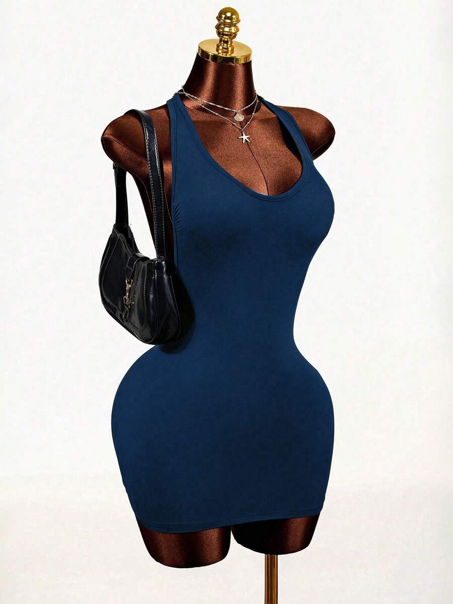 Sleeveless black backless bodycon mini dress with a scoop neck and slim fit knit fabric for women
