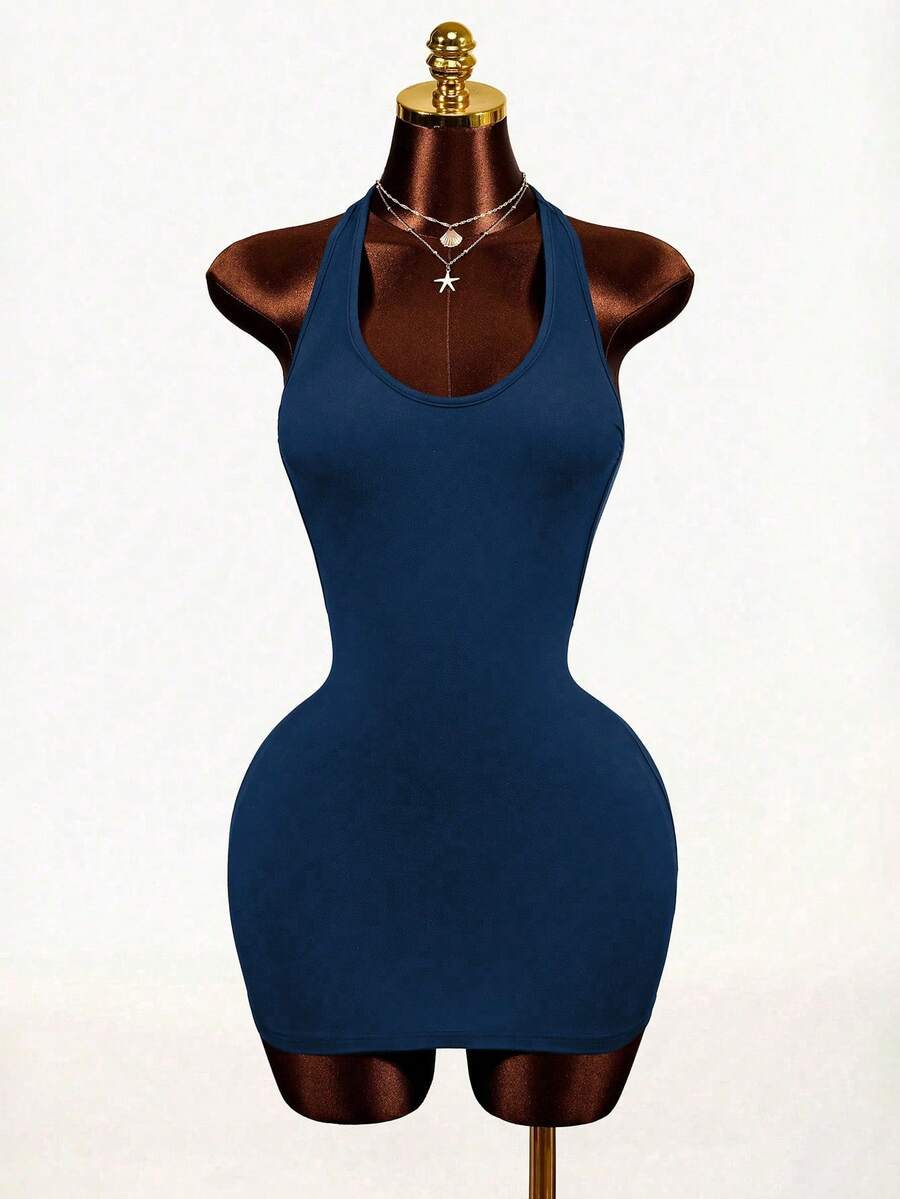 Sleeveless black backless bodycon mini dress with a scoop neck and slim fit knit fabric for women