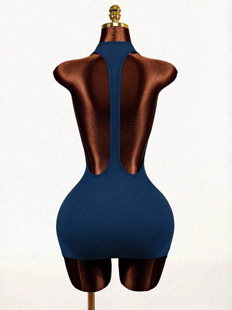 Sleeveless black backless bodycon mini dress with a scoop neck and slim fit knit fabric for women