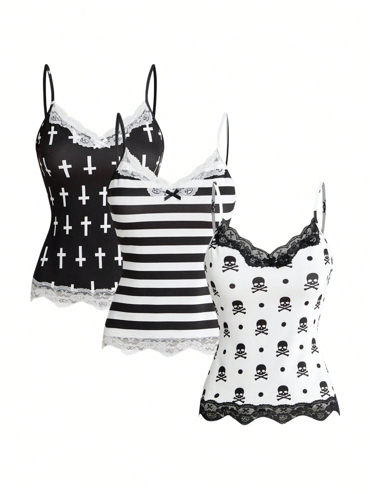 Three-piece women's camisole set featuring a retro music note and piano keyboard print, delicate contrast lace trim, front bow accent, and slim fit spaghetti straps.