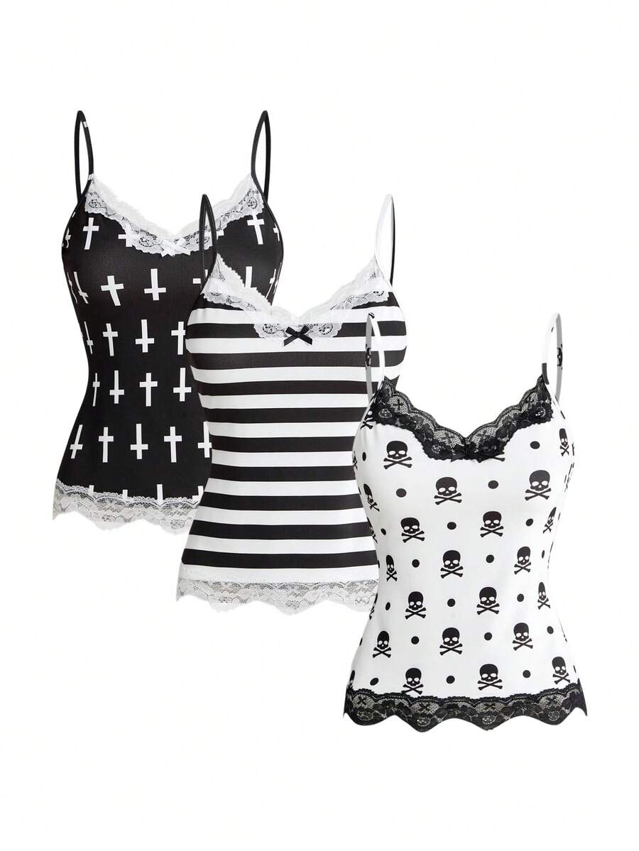 Three-piece women's camisole set featuring a retro music note and piano keyboard print, delicate contrast lace trim, front bow accent, and slim fit spaghetti straps.