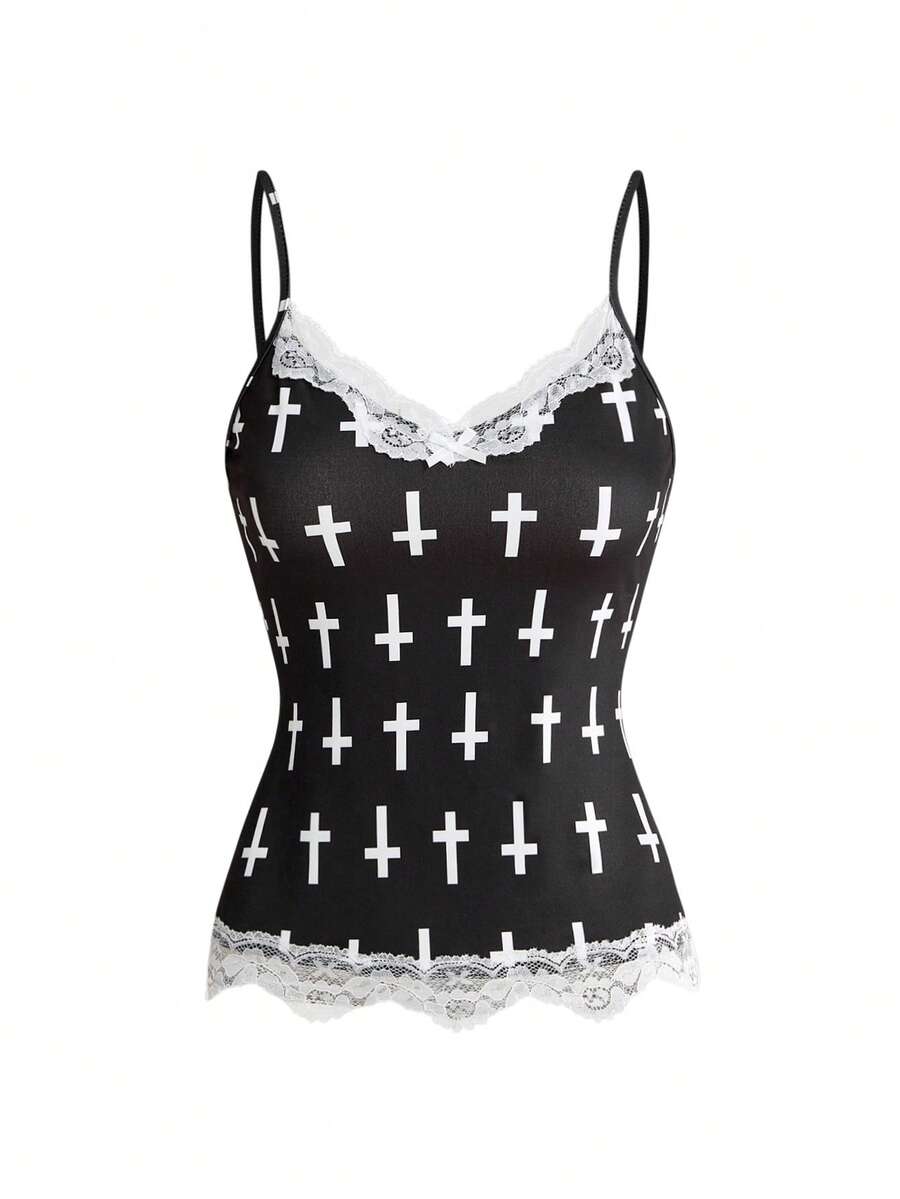 Three-piece women's camisole set featuring a retro music note and piano keyboard print, delicate contrast lace trim, front bow accent, and slim fit spaghetti straps.