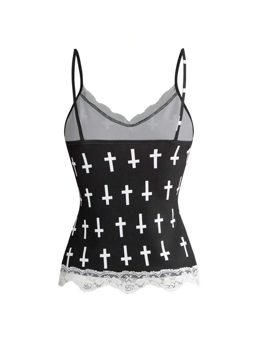 Three-piece women's camisole set featuring a retro music note and piano keyboard print, delicate contrast lace trim, front bow accent, and slim fit spaghetti straps.