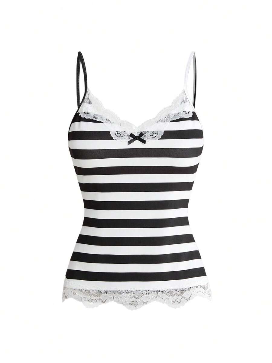 Three-piece women's camisole set featuring a retro music note and piano keyboard print, delicate contrast lace trim, front bow accent, and slim fit spaghetti straps.