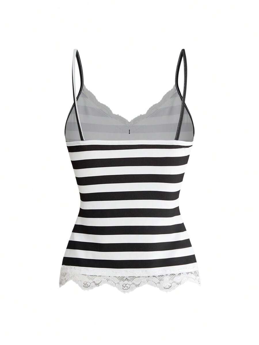 Three-piece women's camisole set featuring a retro music note and piano keyboard print, delicate contrast lace trim, front bow accent, and slim fit spaghetti straps.