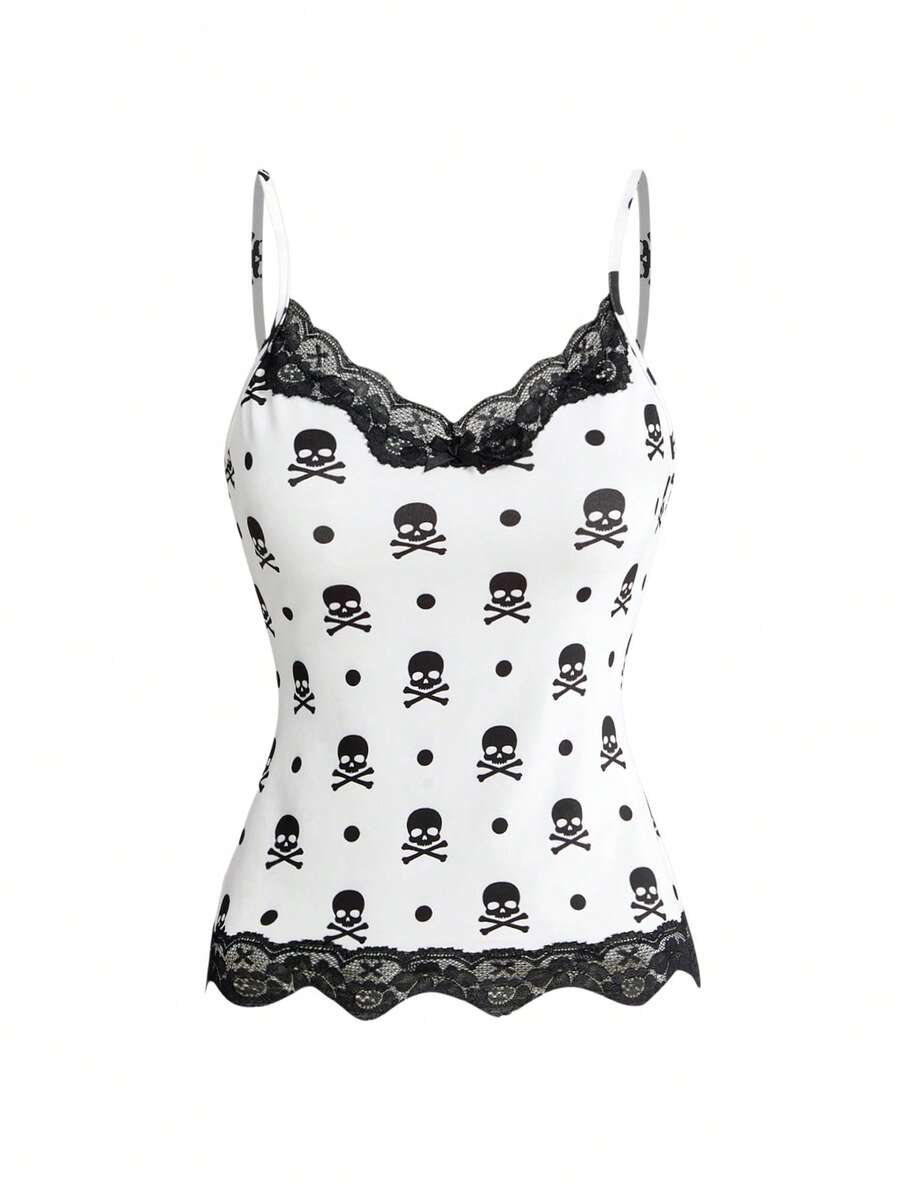 Three-piece women's camisole set featuring a retro music note and piano keyboard print, delicate contrast lace trim, front bow accent, and slim fit spaghetti straps.
