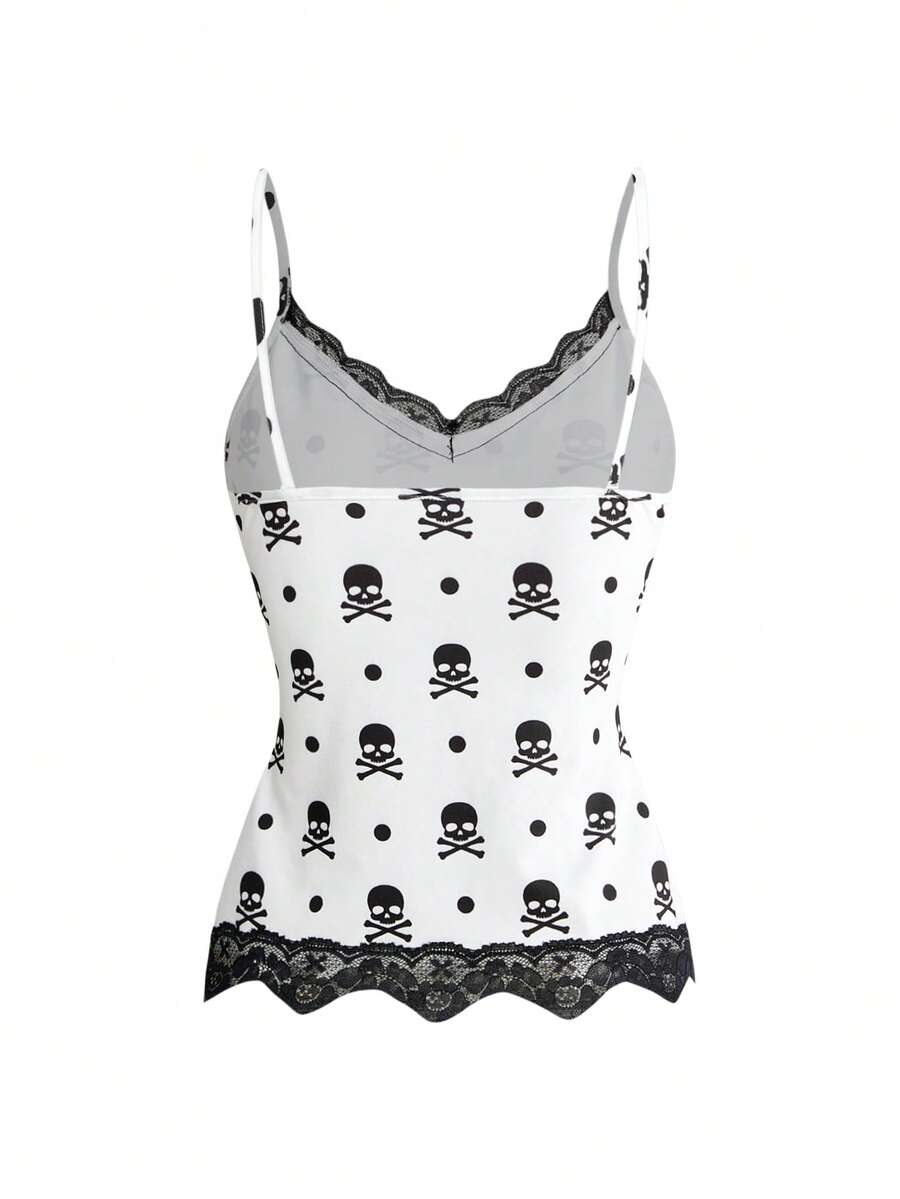 Three-piece women's camisole set featuring a retro music note and piano keyboard print, delicate contrast lace trim, front bow accent, and slim fit spaghetti straps.