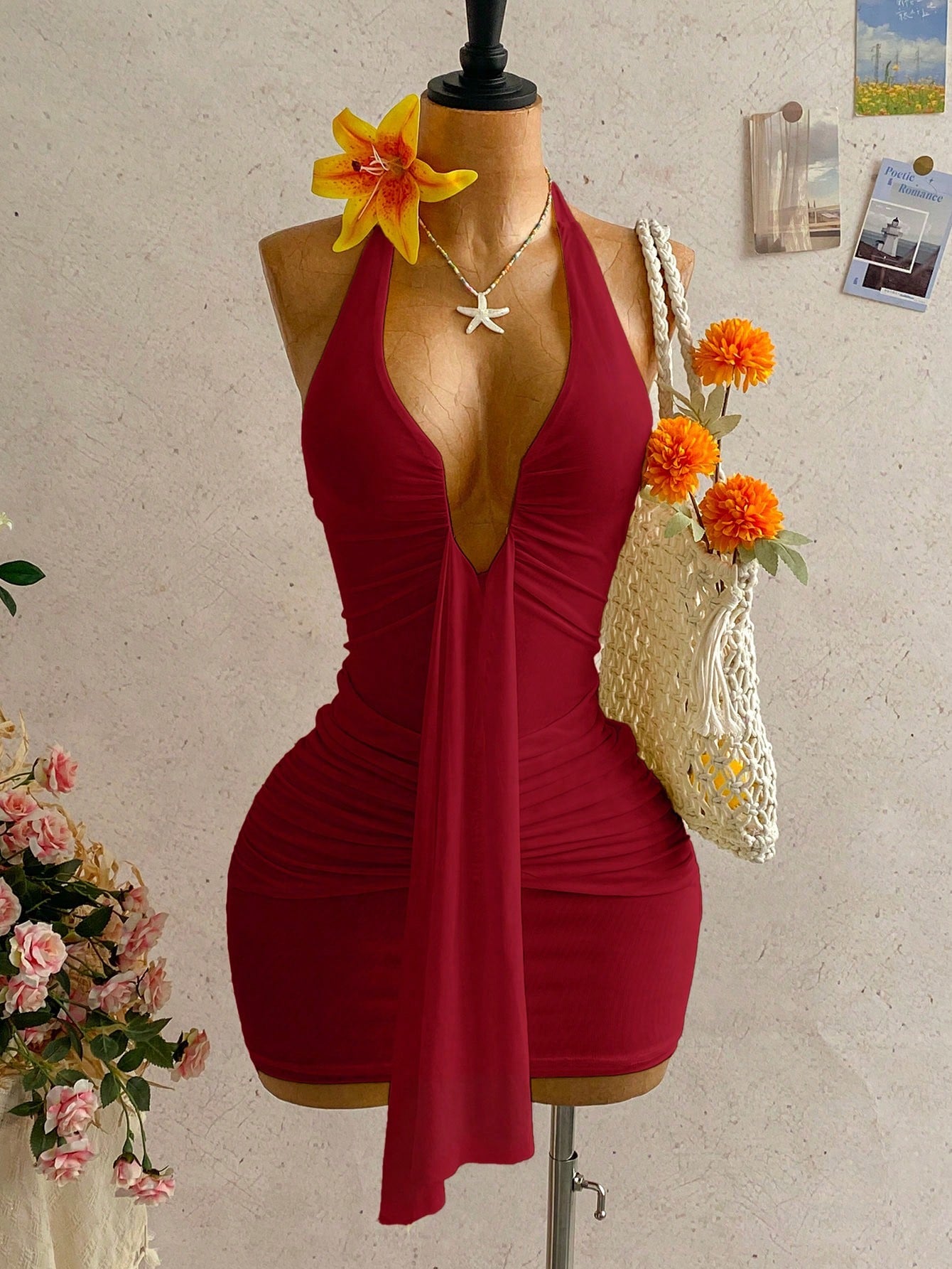 Women's Pale Yellow Halter Mini Dress,Deep V-Neck Ruched Bow Tie Summer Casual Sundress,Perfect For Holiday,Vacation,Beach,Party & Music Festival